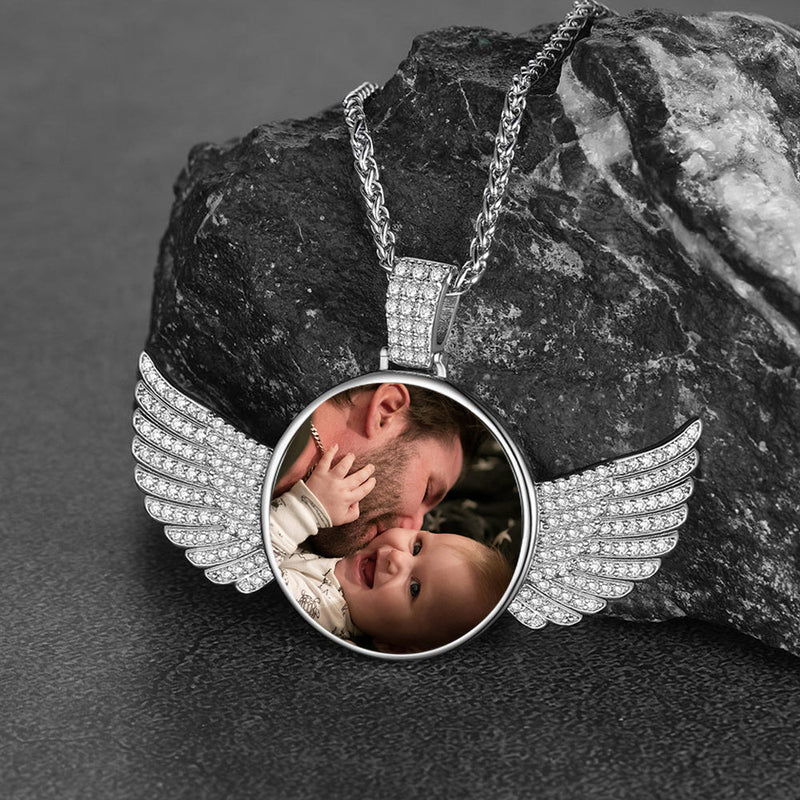 Sterling Silver Customized Memorial Picture Circle Chain Necklace With Angel Wing for