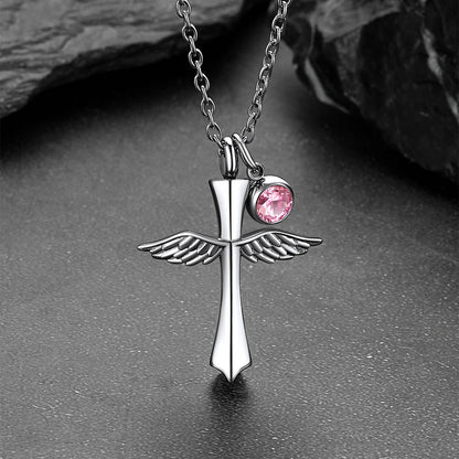 Custom Cremation Cross Wing Urn Ashes Necklace With Birthstone