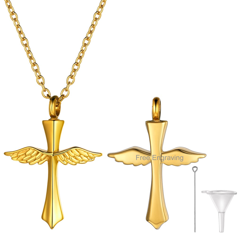 Custom Cremation Wings Cross Urn Ashes Pendant Necklace for
