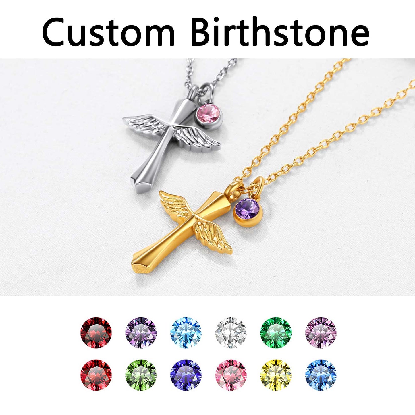 Custom Cremation Cross Wing Urn Ashes Necklace With Birthstone