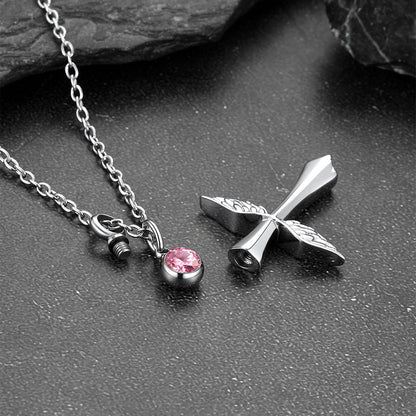 Custom Cremation Cross Wing Urn Ashes Necklace With Birthstone