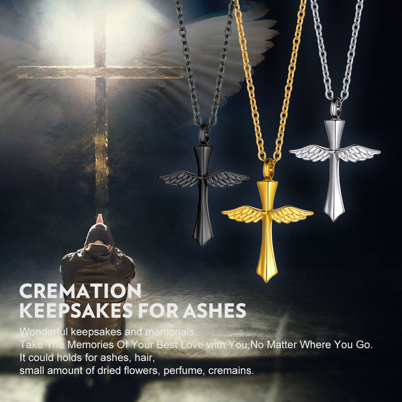 Custom Cremation Wings Cross Urn Ashes Pendant Necklace for