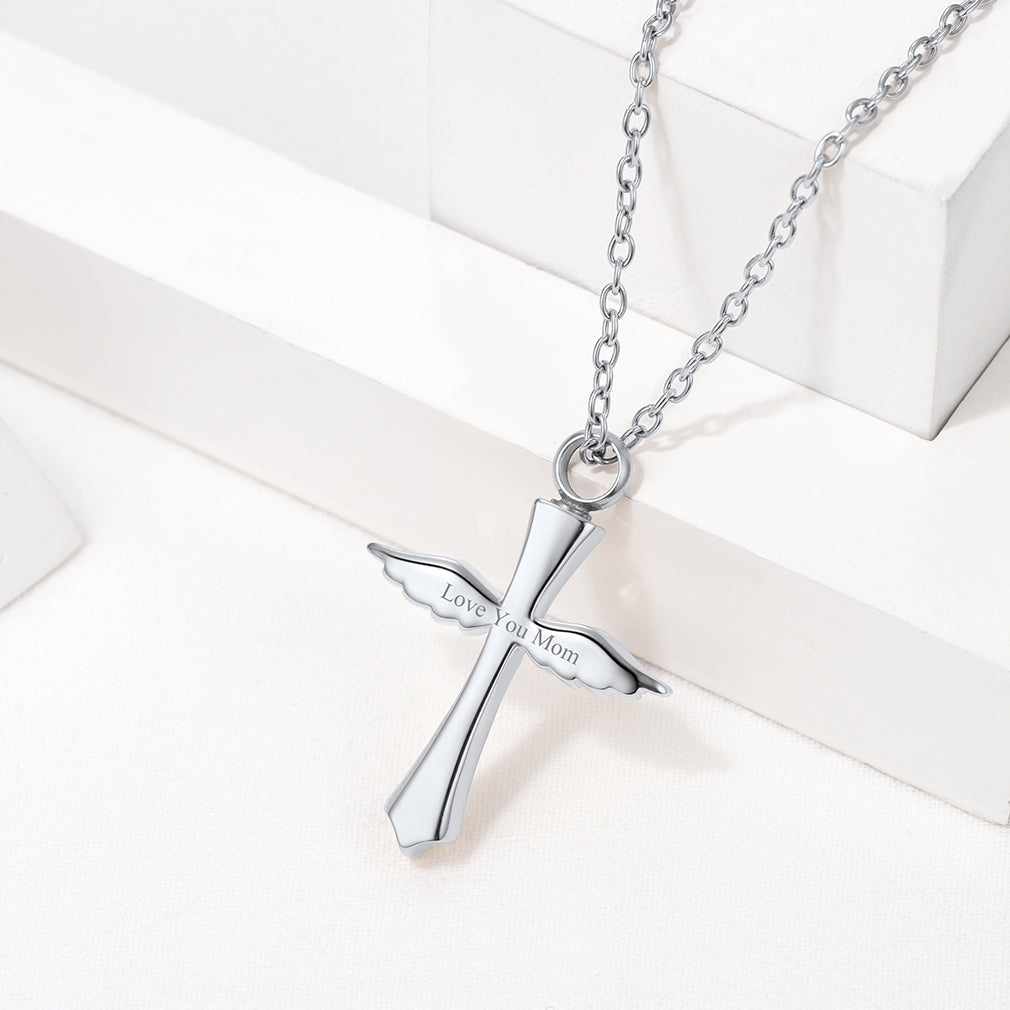 Custom Cremation Wings Cross Urn Ashes Pendant Necklace for