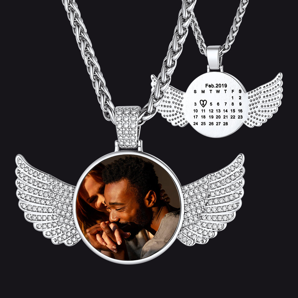 Custom Circle Picture Necklace With Angel Wing Memorial Gift for