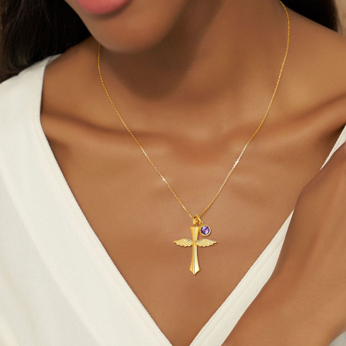 Custom Cremation Cross Wing Urn Ashes Necklace With Birthstone