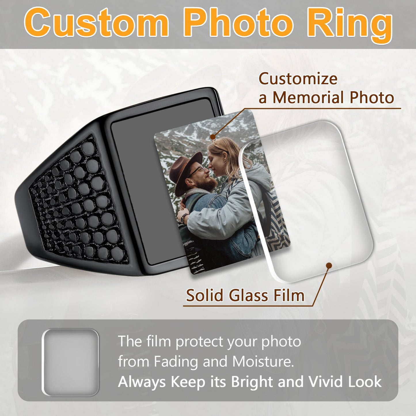 Customized Photo Ring Square Engraved Signet Ring for