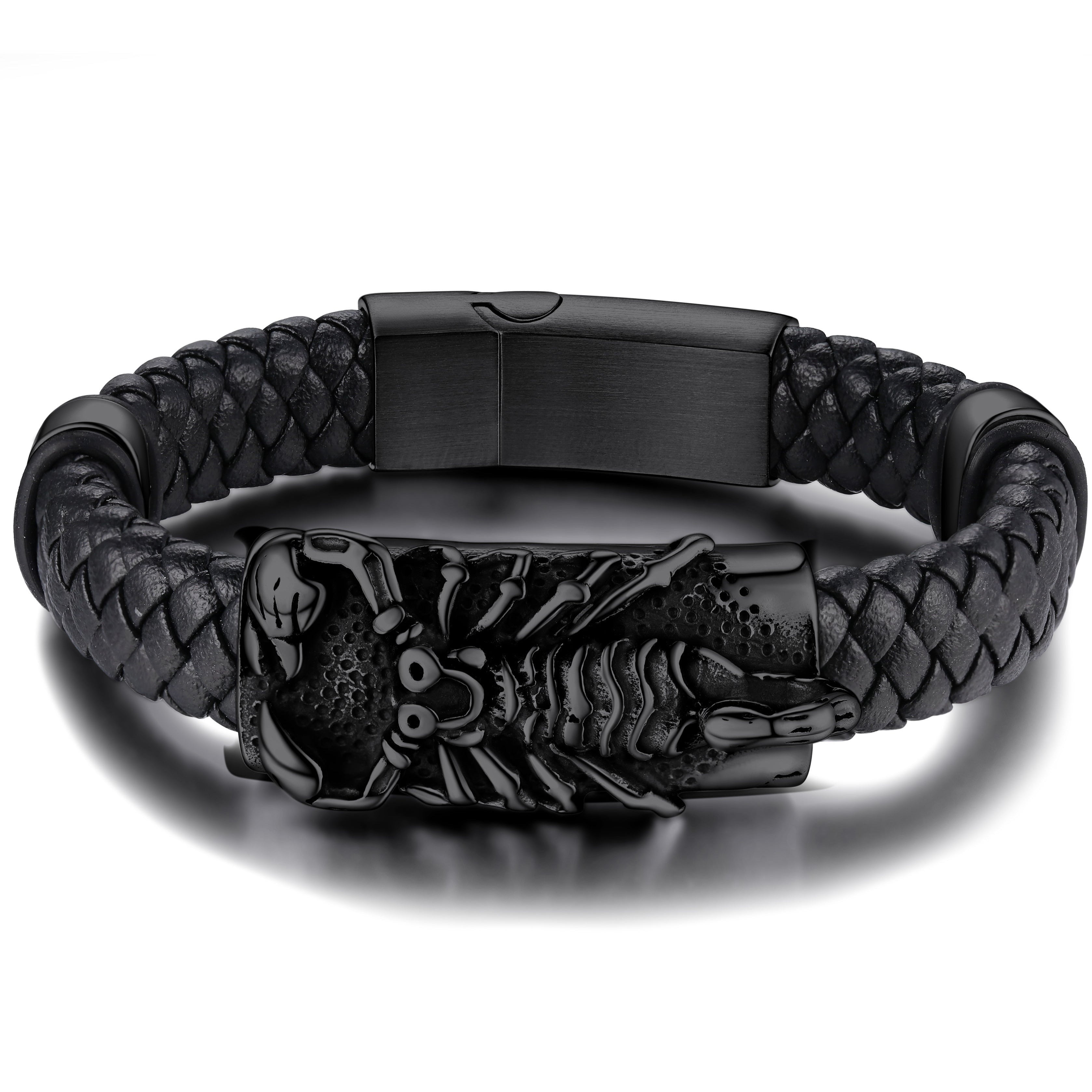 Punk Scorpion Black Braided Leather Bracelet Bangle Gift for Son Grandson
