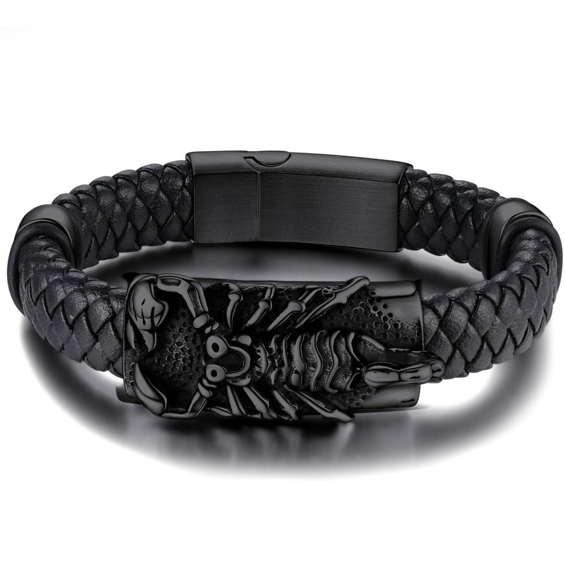 Punk Scorpion Black Braided Leather Bracelet Bangle Gift for Son Grandson