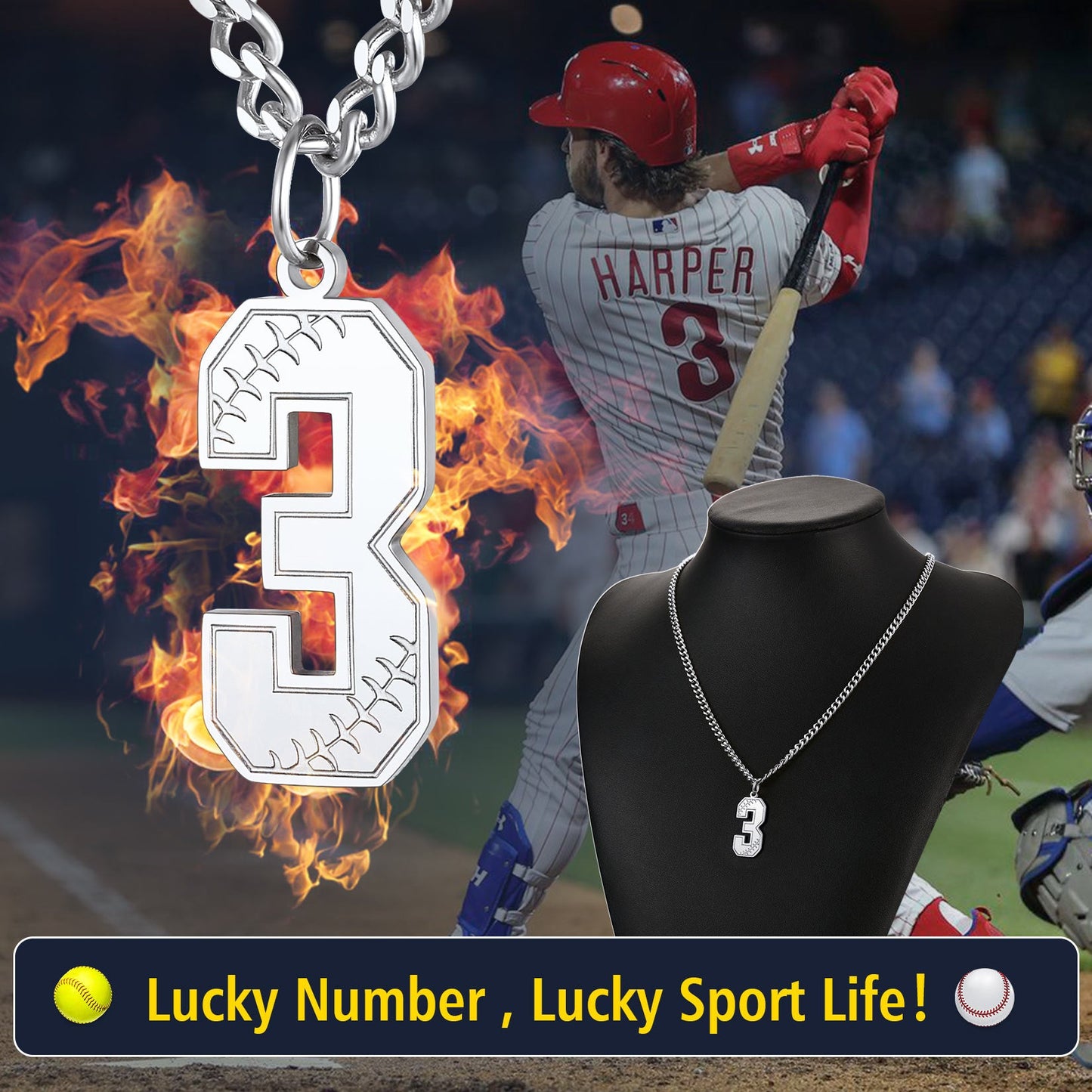 Custom Baseball Jersey Number Pendant Necklace for