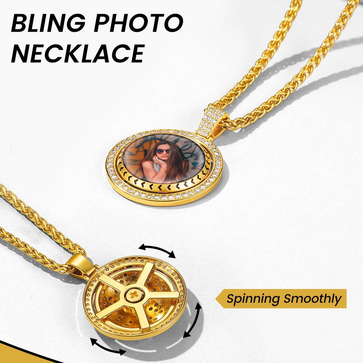Custom Gold Zirconia Spinner Picture Necklace Pendant for