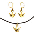 Dragonweave Swallow Bird Charm Necklace and Earring Set, Gold Plated Black Leather Choker and Leverback Earrings