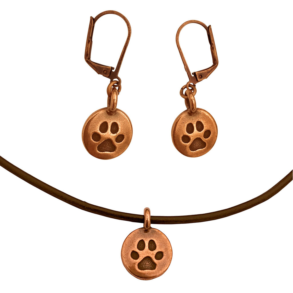 Dragonweave Paw Circle Charm Necklace and Earring Set, Antique Copper Brown Leather Choker and Leverback Earrings