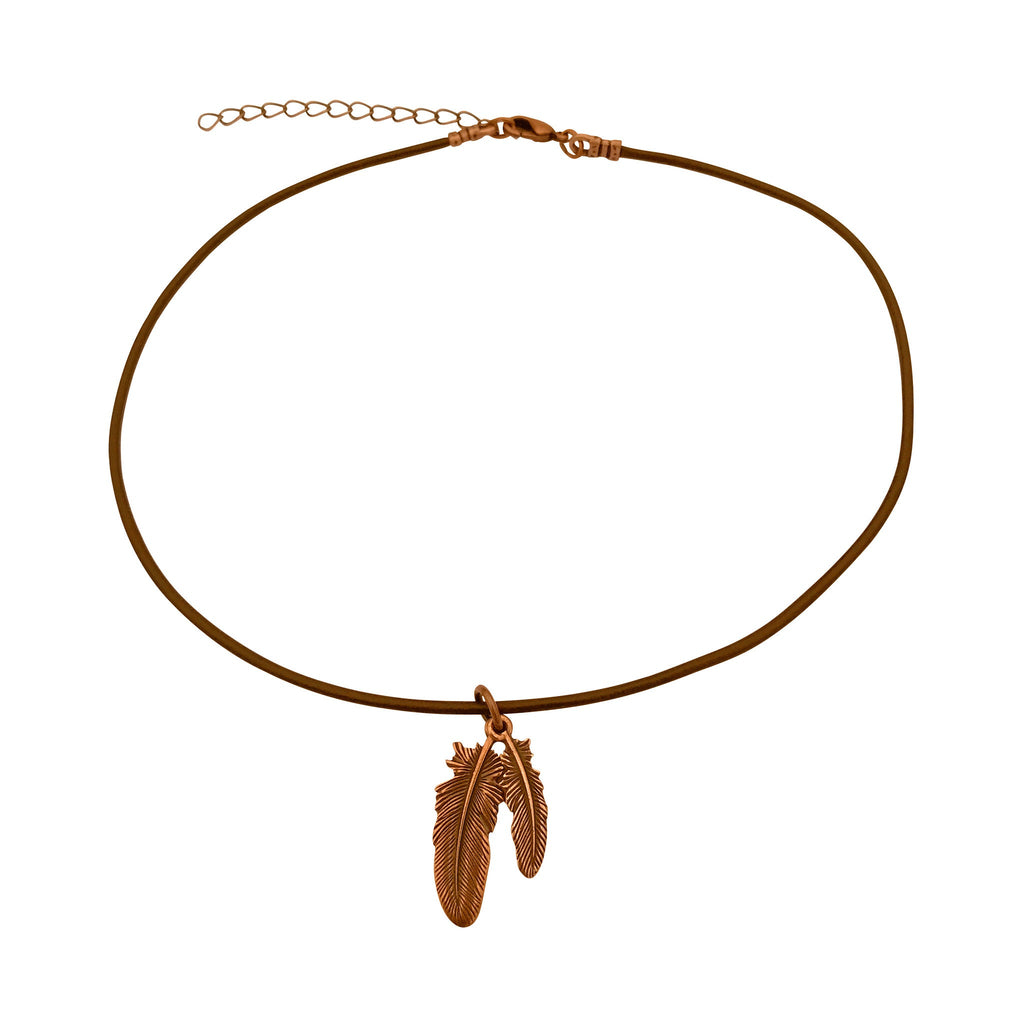 Dragonweave Feather Charm Necklace and Earring Set, Antique Copper Brown Leather Choker and Leverback Earrings