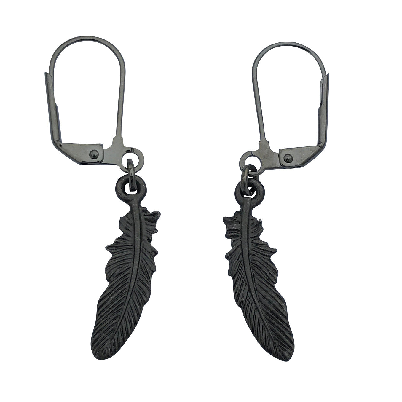 Dragonweave Raven Feather Charm Necklace and Earring Set, Gunmetal Black Leather Choker and Leverback Earrings