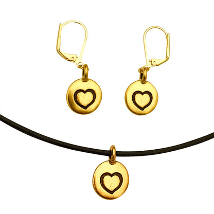 Dragonweave Heart Circle Charm Necklace and Earring Set, Gold Plated Black Leather Choker and Leverback Earrings