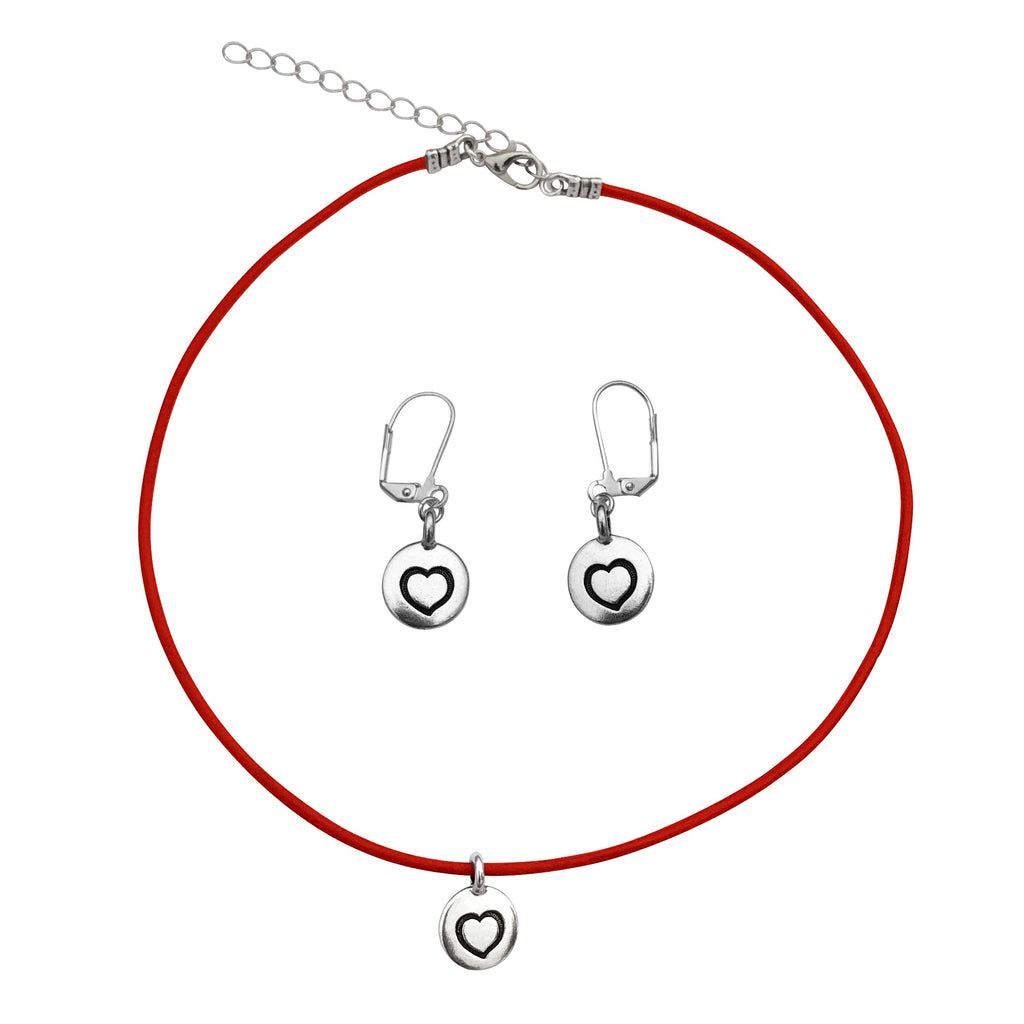 Dragonweave Heart Circle Charm Necklace and Earring Set, Silver Plated Red Leather Choker and Leverback Earrings