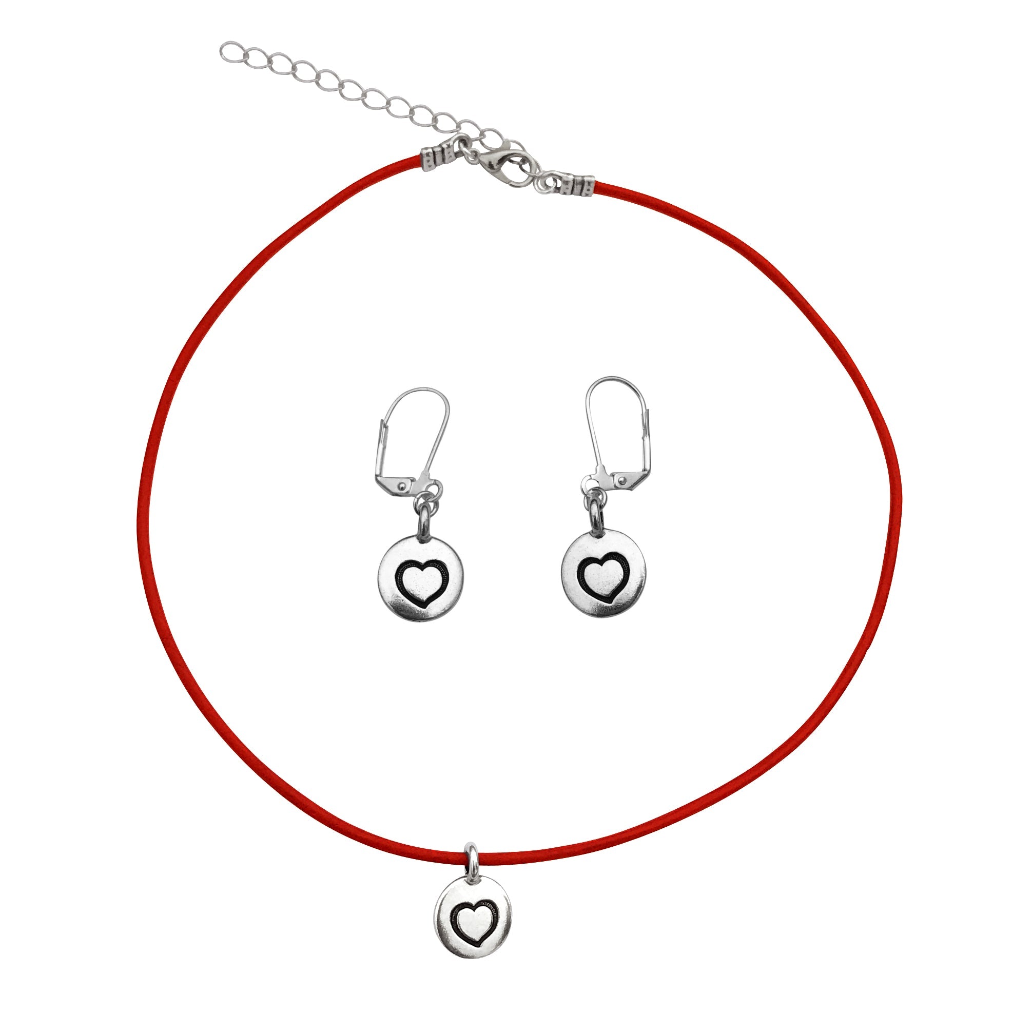 Dragonweave Heart Circle Charm Necklace and Earring Set, Silver Plated Red Leather Choker and Leverback Earrings