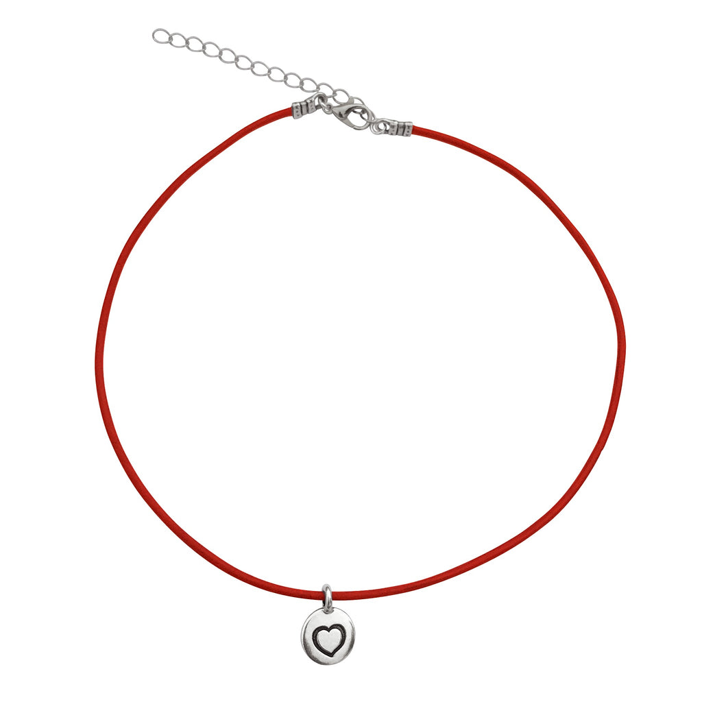 Dragonweave Heart Circle Charm Necklace and Earring Set, Silver Plated Red Leather Choker and Leverback Earrings