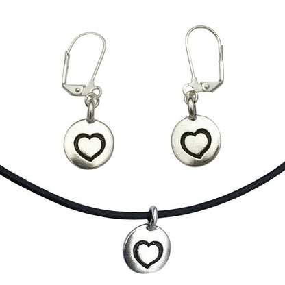 Dragonweave Heart Circle Charm Necklace and Earring Set, Silver Plated Black Leather Choker and Leverback Earrings