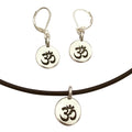 Dragonweave Om/ohm Symbol Circle Charm Necklace and Earring Set, Silver Plated Black Leather Choker and Leverback Earrings