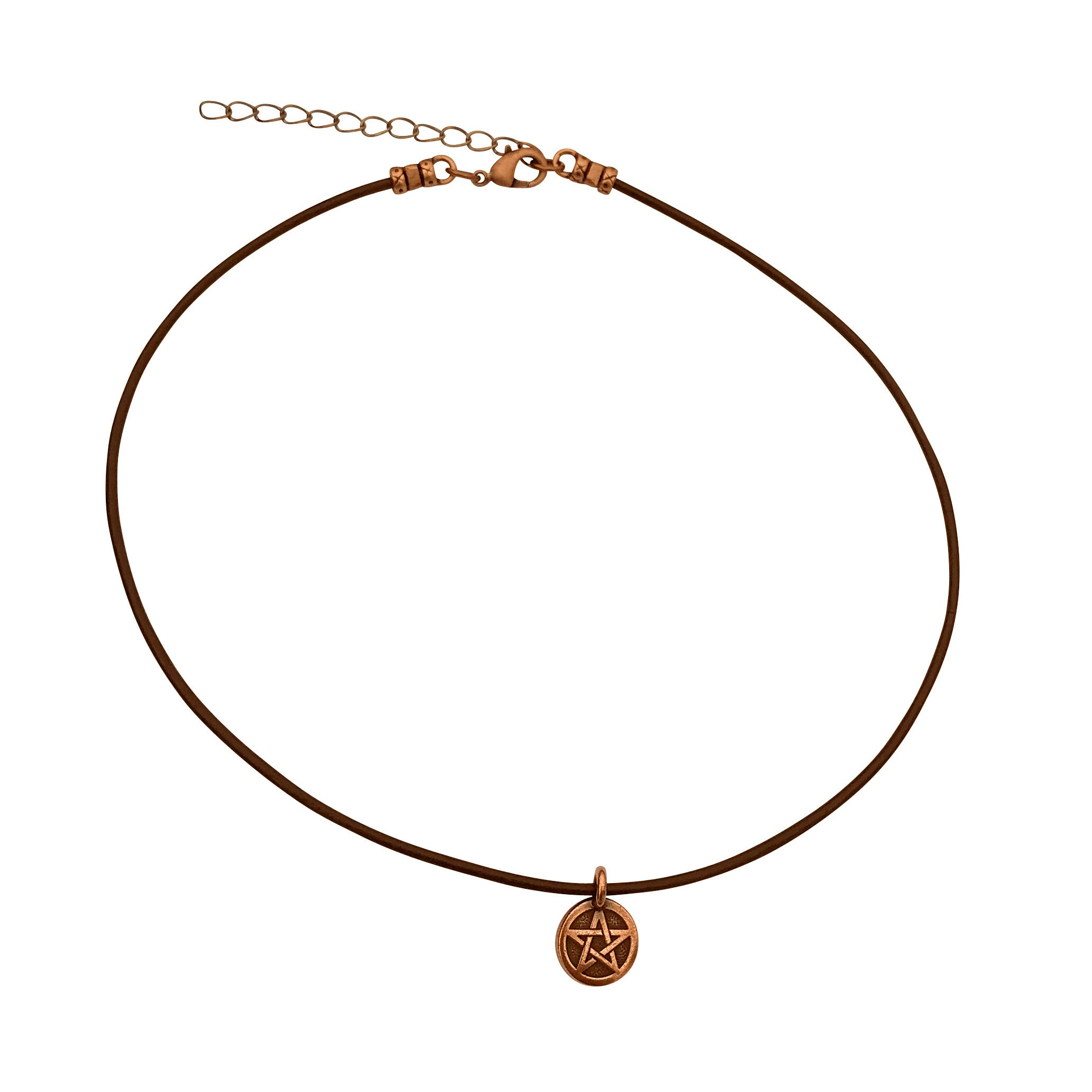 Dragonweave Pentagram Circle Charm Necklace and Earring Set, Antique Copper Brown Leather Choker and Leverback Earrings