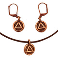 Dragonweave Recovery Triangle Circle Charm Necklace and Earring Set, Antique Copper Brown Leather Choker and Leverback Earrings