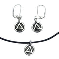Dragonweave Recovery Triangle Circle Charm Necklace and Earring Set, Silver Plated Black Leather Choker and Leverback Earrings