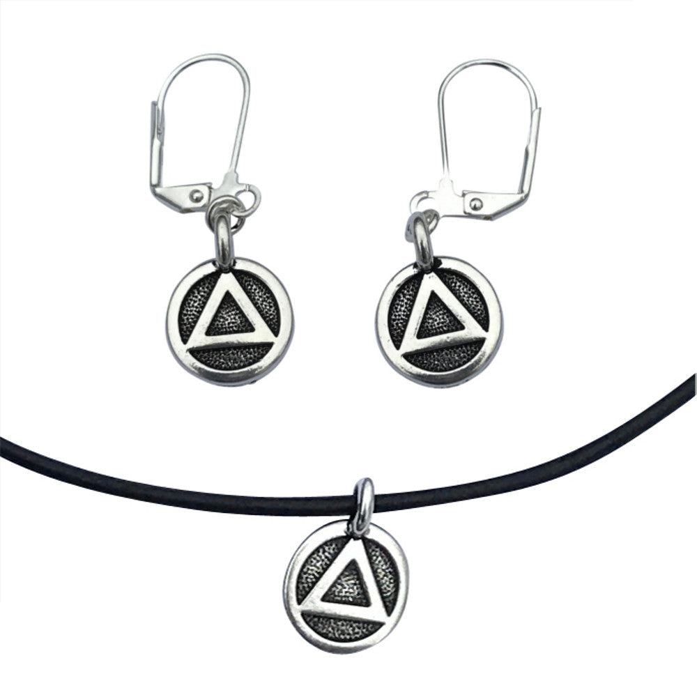 Dragonweave Recovery Triangle Circle Charm Necklace and Earring Set, Silver Plated Black Leather Choker and Leverback Earrings