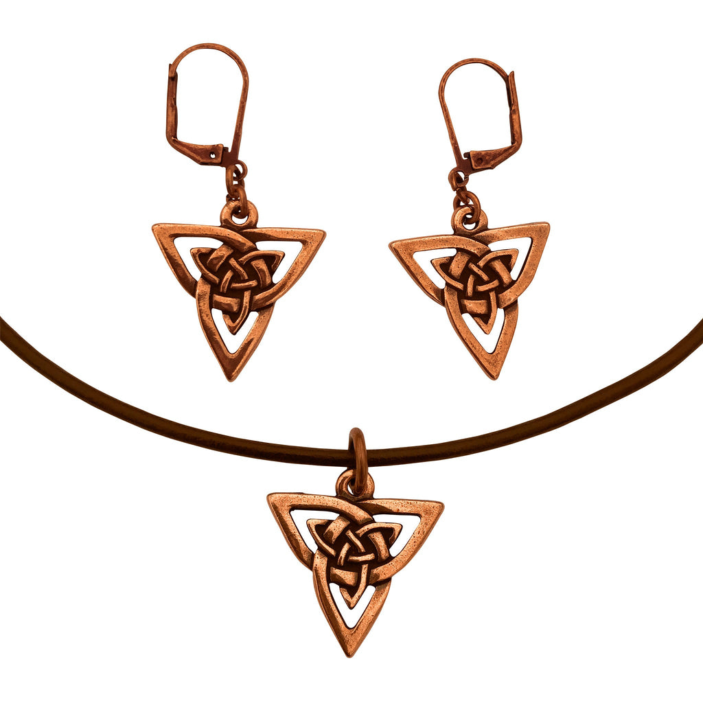 Dragonweave Celtic Trine Charm Necklace and Earring Set, Antique Copper Brown Leather Choker and Leverback Earrings