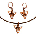 Dragonweave Celtic Trine Charm Necklace and Earring Set, Antique Copper Brown Leather Choker and Leverback Earrings