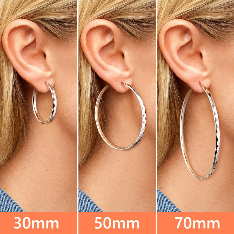 Diamond-cut Silver Hoop Earrings for 30/50/70mm