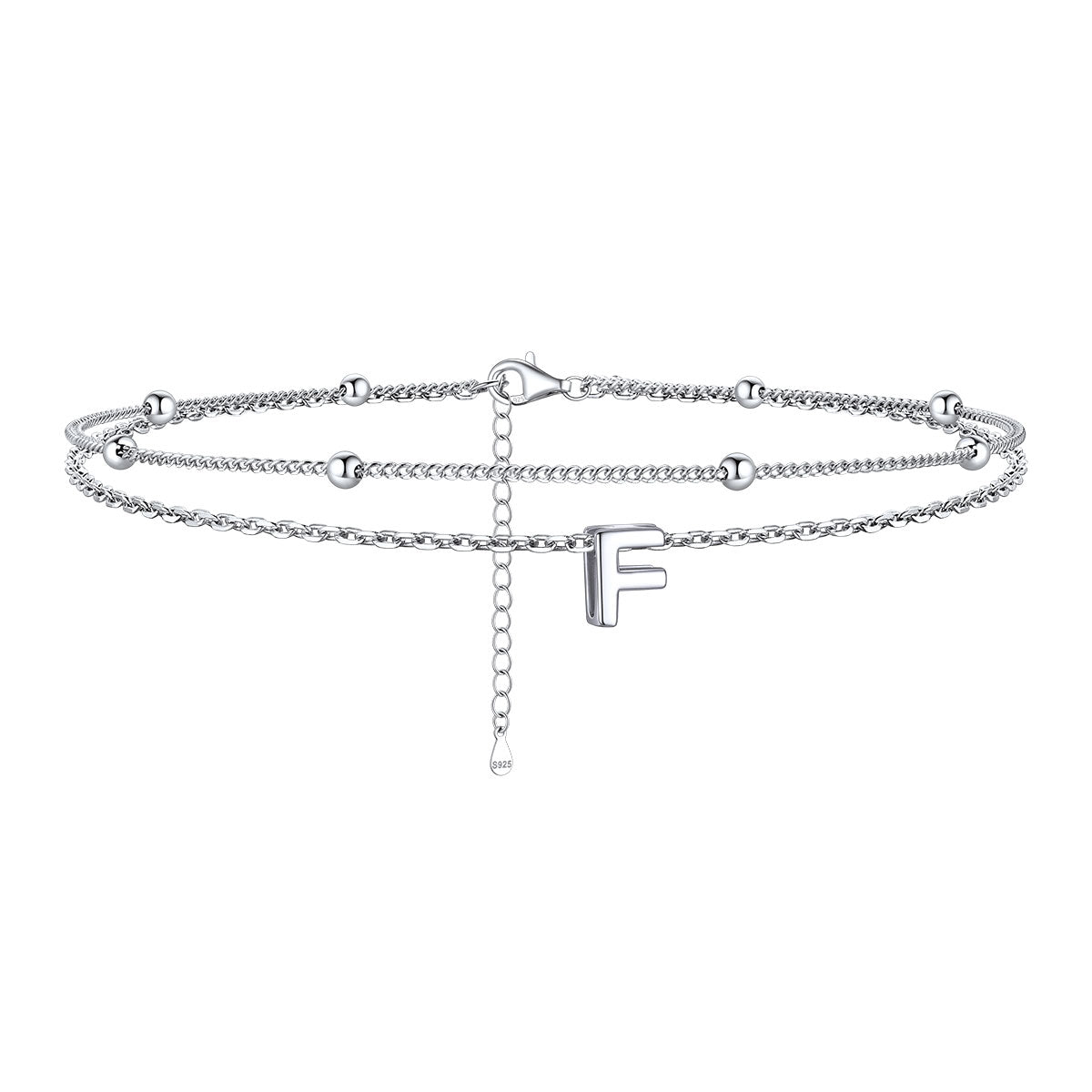 925 Sterling Silver Bead Chain Layered Initial Anklets for Girlfriend Gift