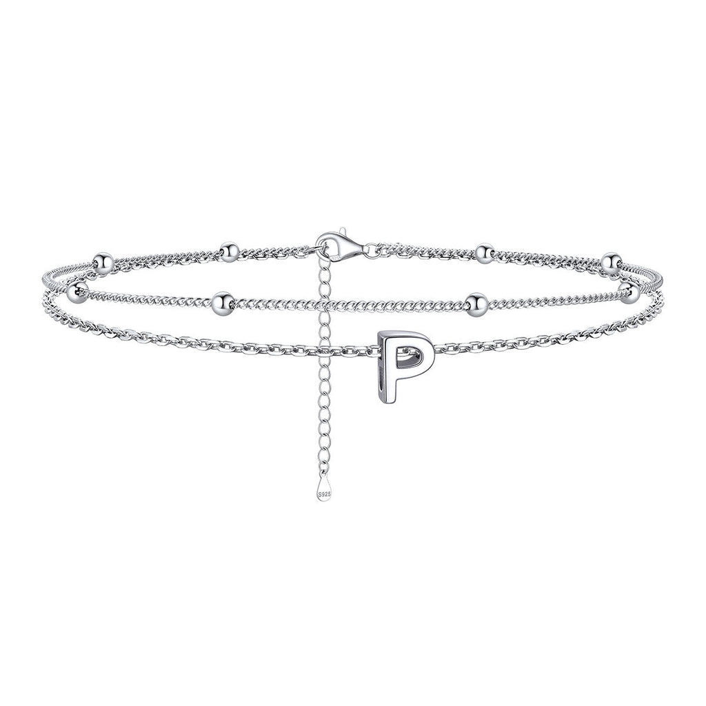 925 Sterling Silver Bead Chain Layered Initial Anklets for Girlfriend Gift