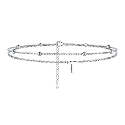925 Sterling Silver Bead Chain Layered Initial Anklets for Girlfriend Gift