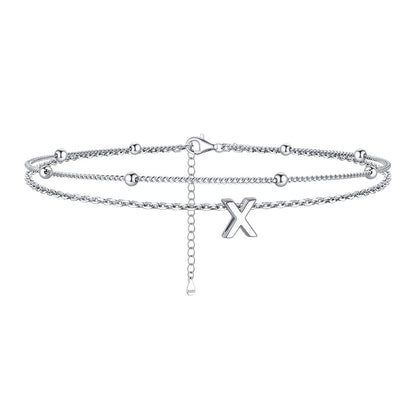 925 Sterling Silver Bead Chain Layered Initial Anklets for Girlfriend Gift