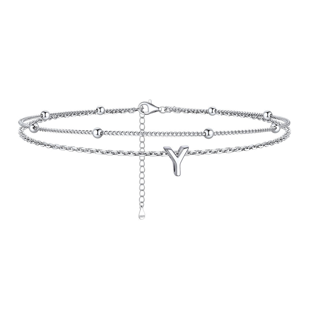 925 Sterling Silver Bead Chain Layered Initial Anklets for Girlfriend Gift