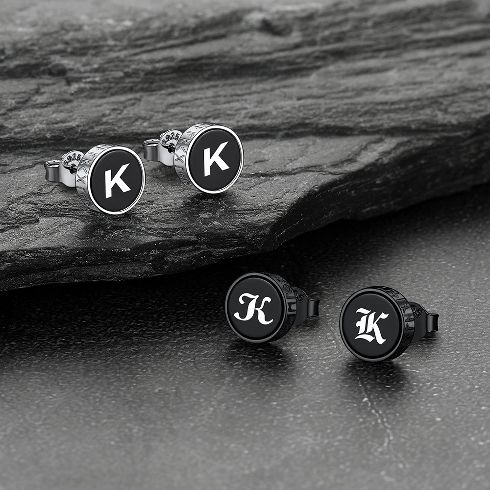 Engraved Roman Numerals Black Onyx Stud Earrings for