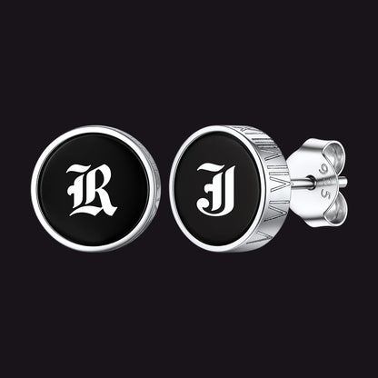 Engraved Roman Numerals Black Onyx Stud Earrings for