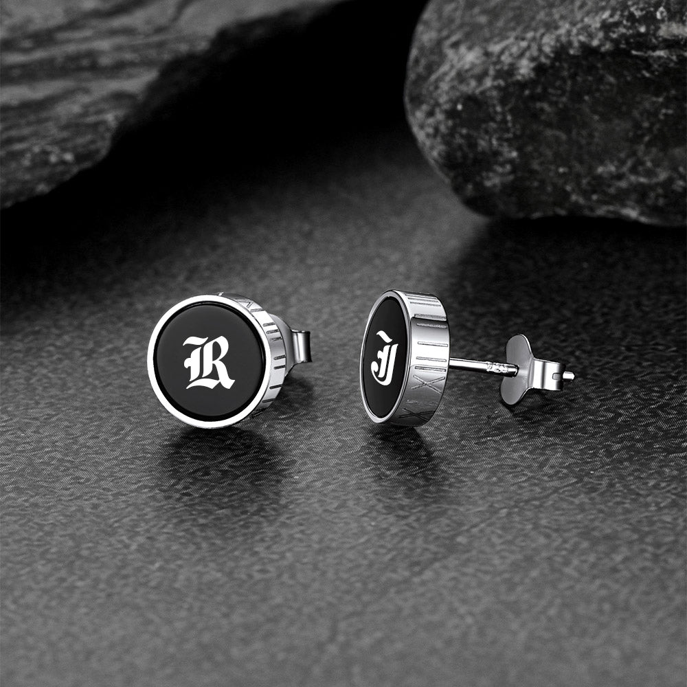 Engraved Roman Numerals Black Onyx Stud Earrings for