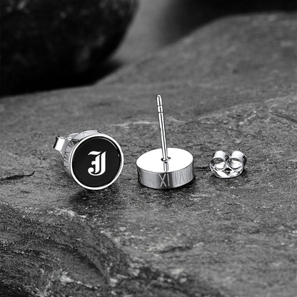 Engraved Roman Numerals Black Onyx Stud Earrings for
