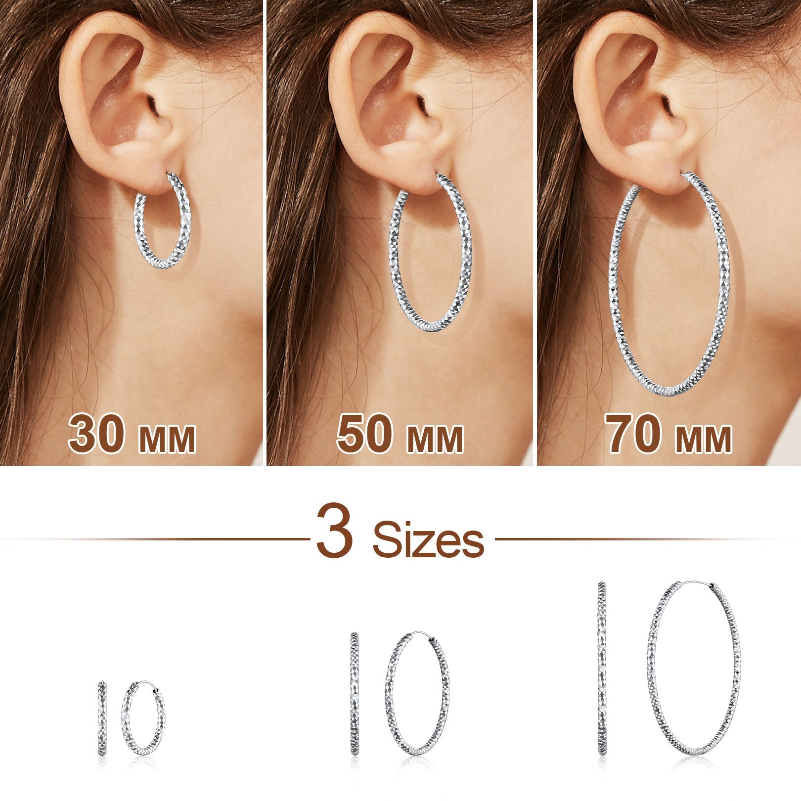 925 Sterling Silver 30/50/70mm Simple Hoop Earrings for