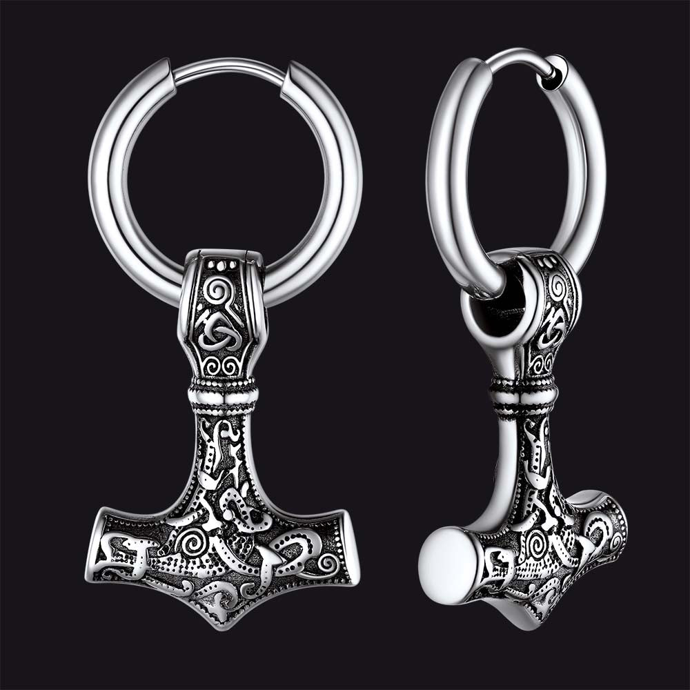 Viking Thor's Hammer Mjolnir Dangle Hoop Earrings Jewelry for