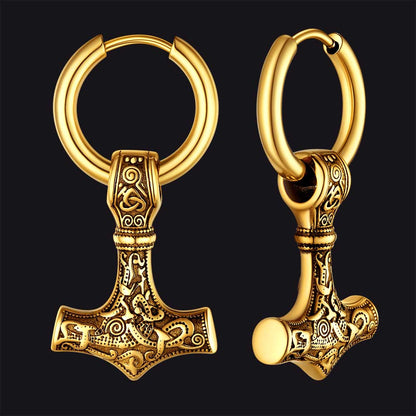 Viking Thor's Hammer Mjolnir Dangle Hoop Earrings Jewelry for