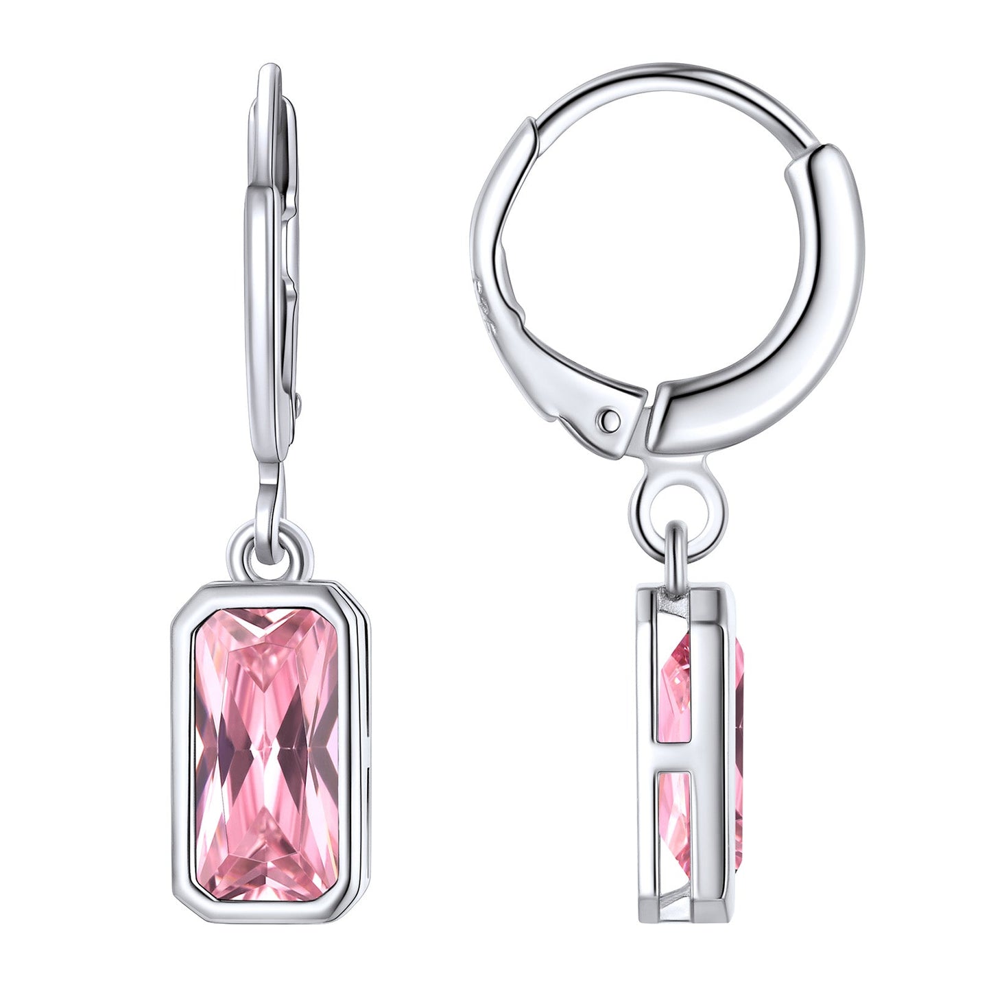 Silver Square Birthstone Dangle Hoop Earrings for