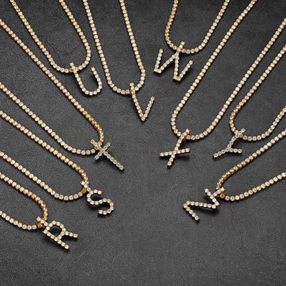 Initial Letter Pendant Necklace With Tennis Chain for