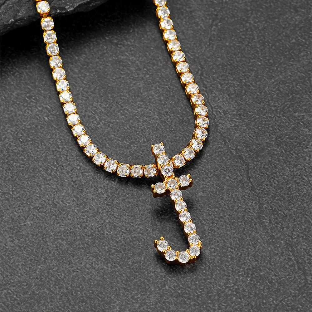 Initial Letter Pendant Necklace With Tennis Chain for