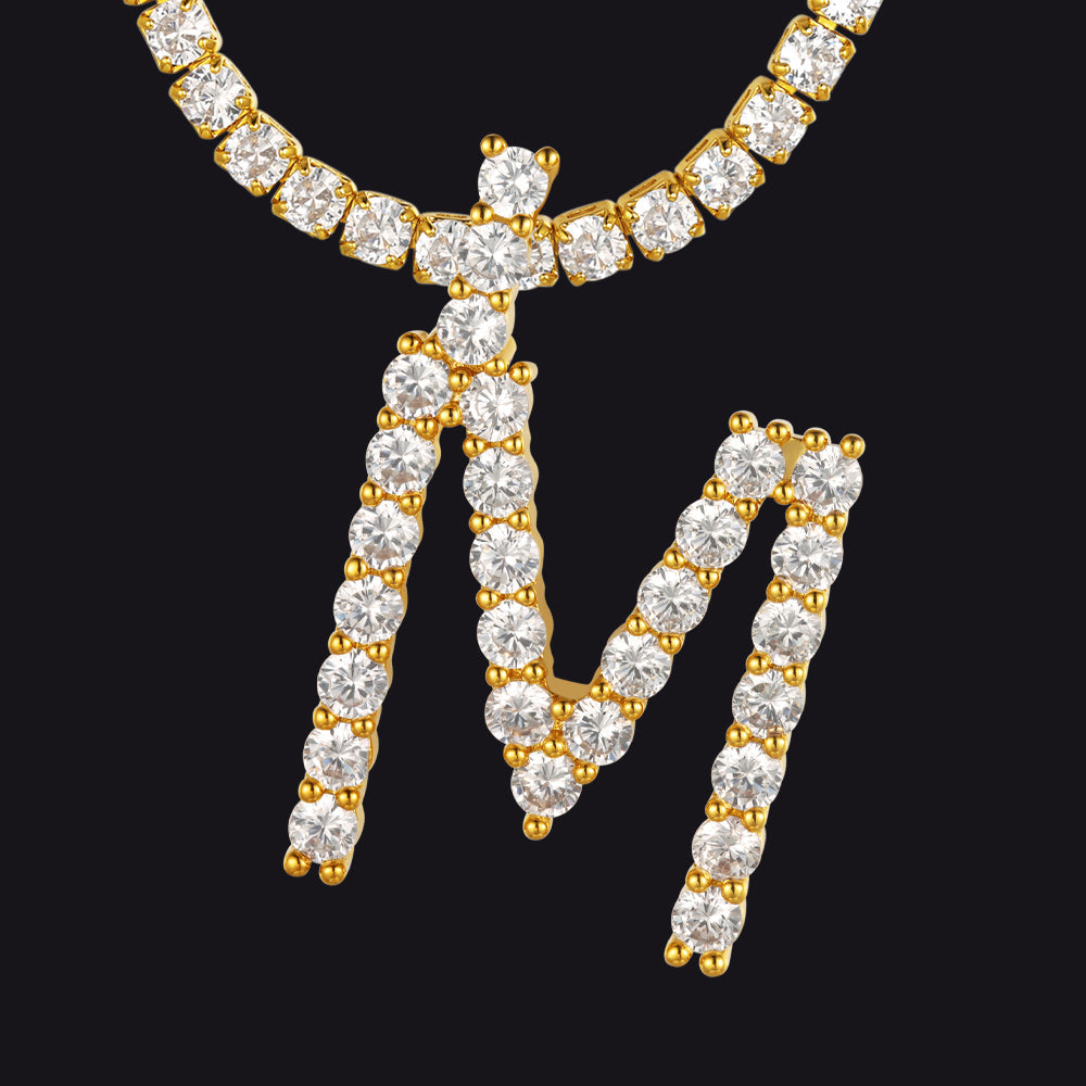 Initial Letter Pendant Necklace With Tennis Chain for