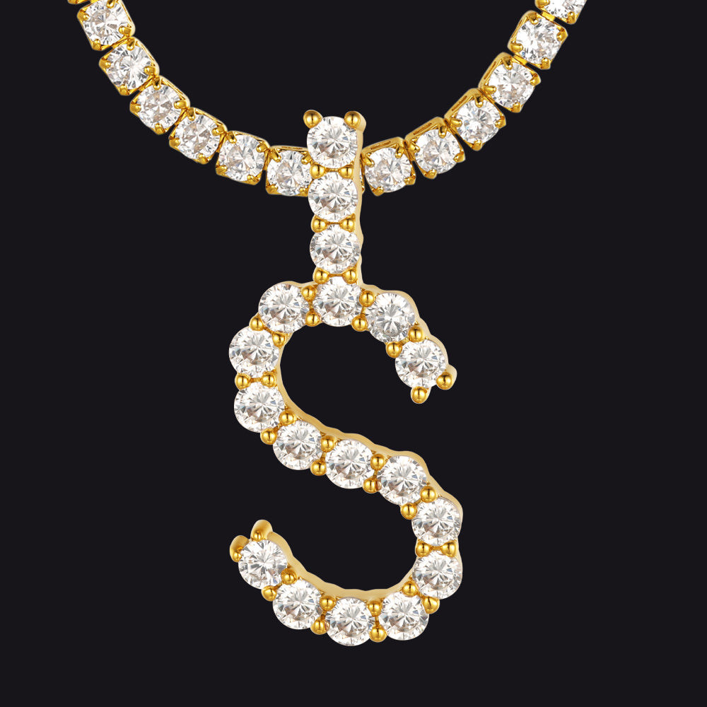 Initial Letter Pendant Necklace With Tennis Chain for