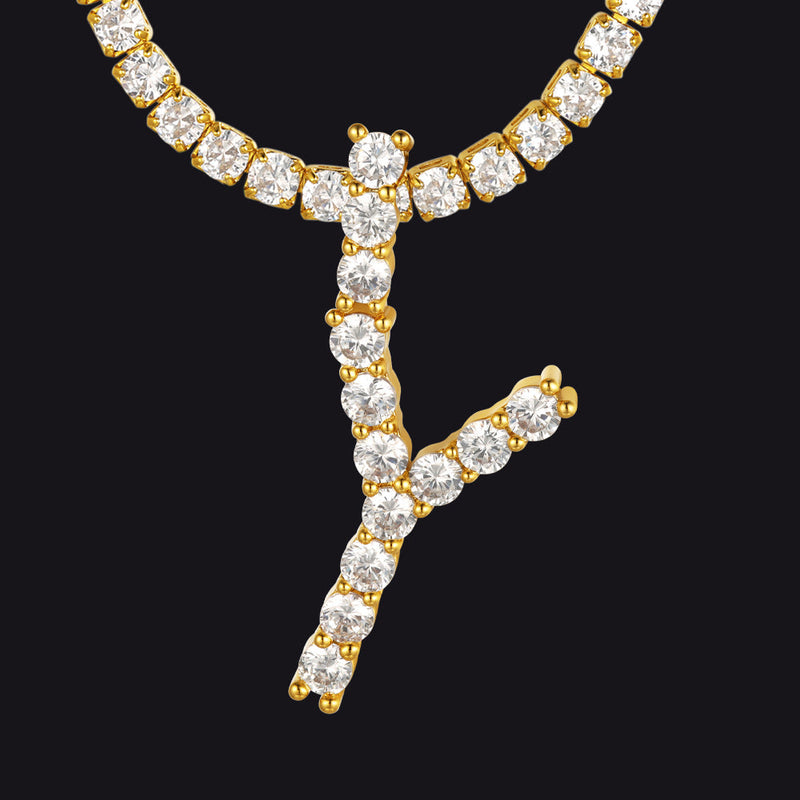 Initial Letter Pendant Necklace With Tennis Chain for