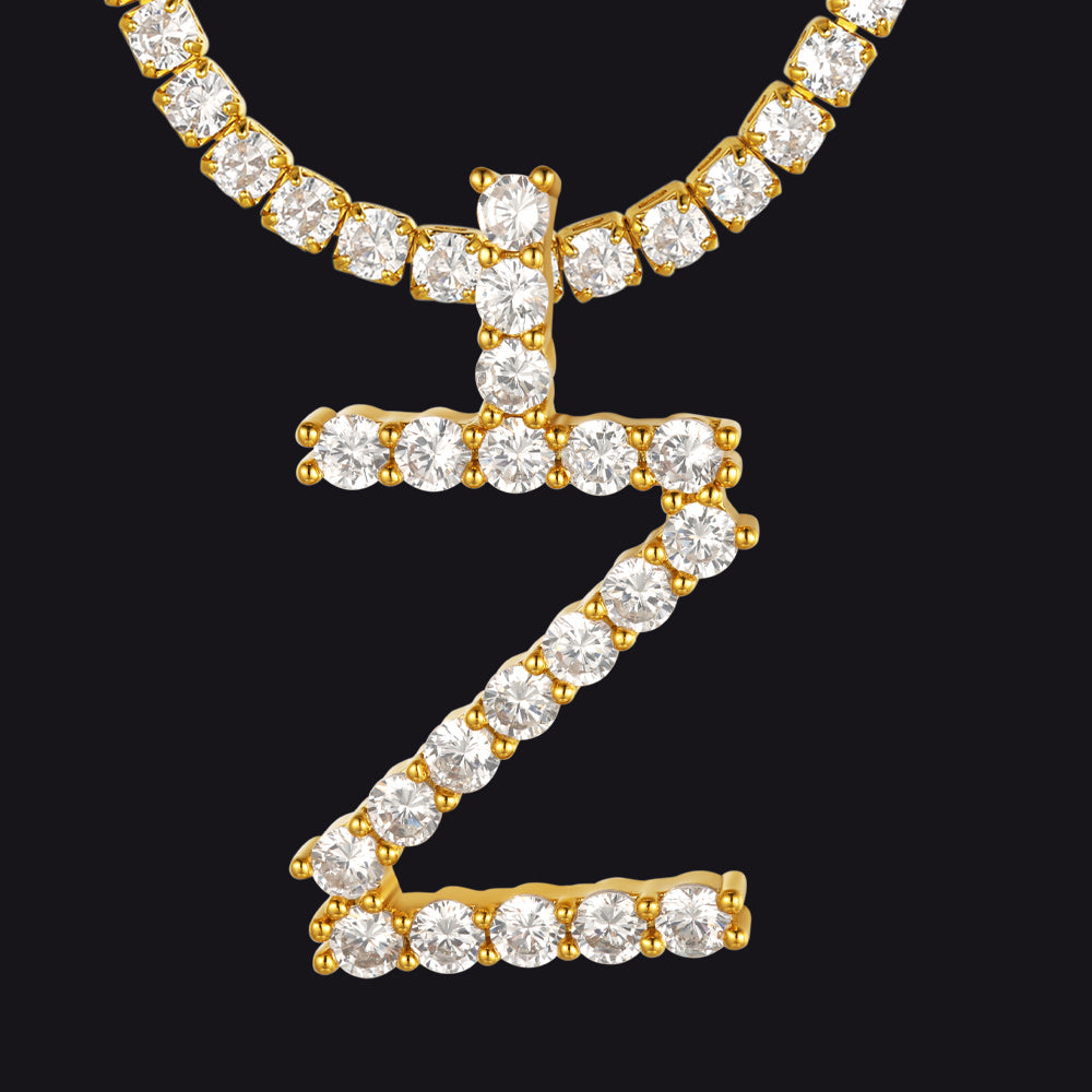 Initial Letter Pendant Necklace With Tennis Chain for